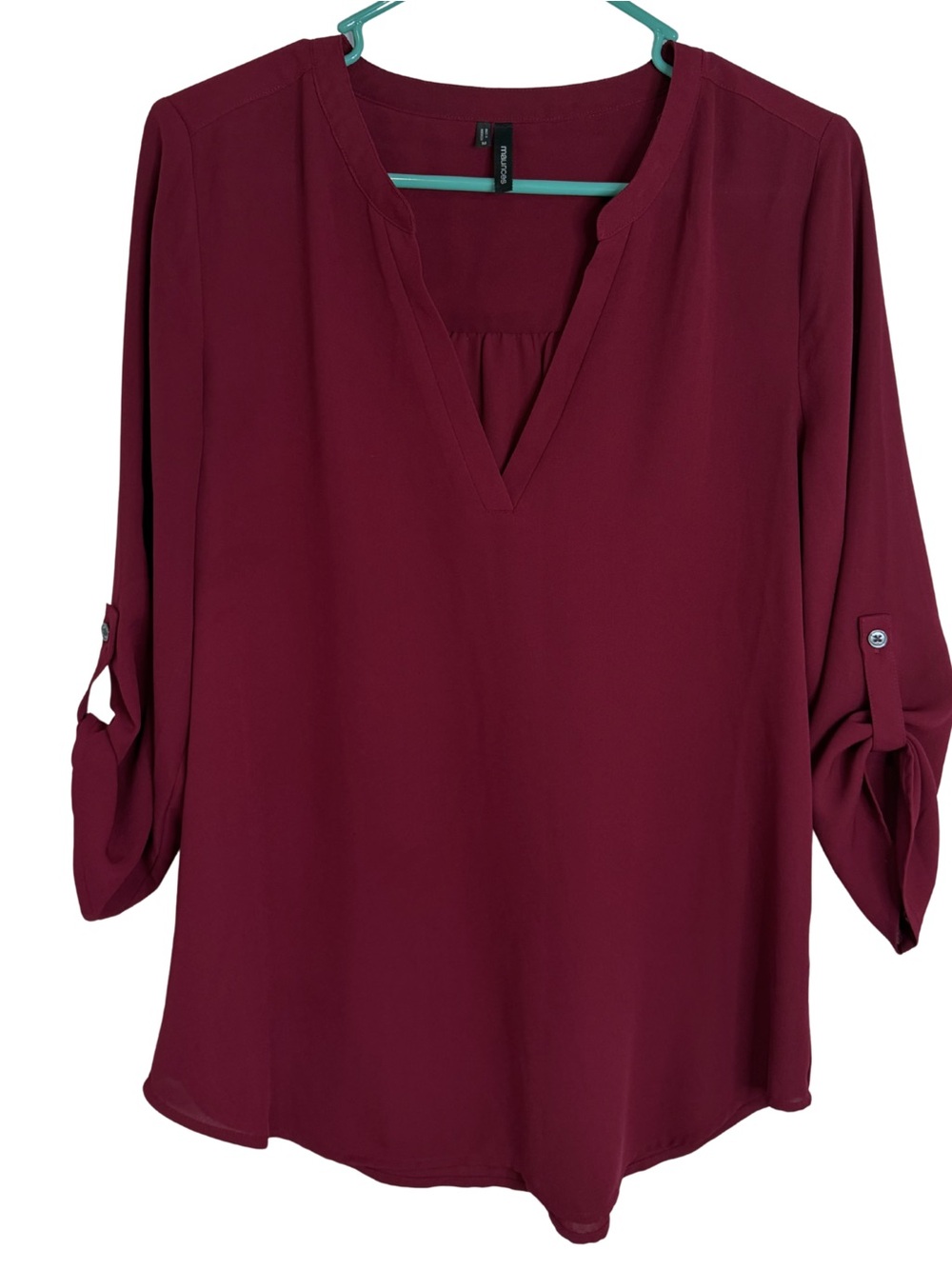 3/$20 Maurices Burgundy V-Neck 3/4 Sleeve Sheer Blouse Size Medium